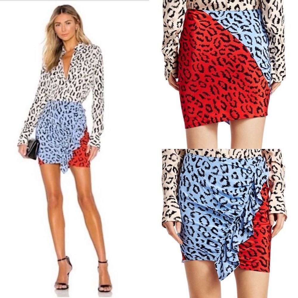 A.L.C. Gellar Skirt Silk Ruffle Leopard Print Blue Red  Size 4 NWT